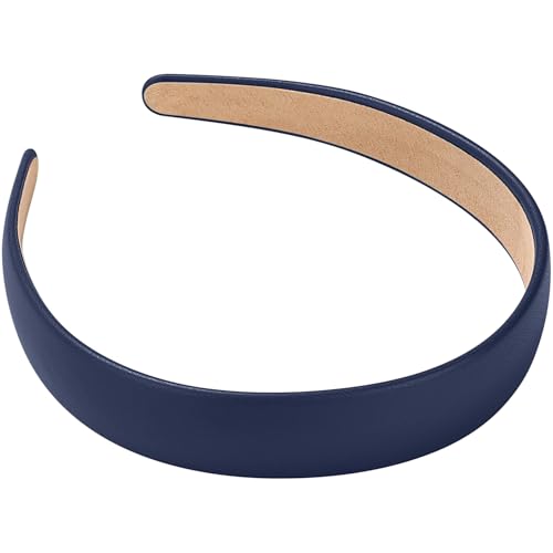 WantGor 1 Inch PU Leather Headband, Wide Padded Hairband Fashion Hair Bands Cute Womens Headbands Holiday DIY Hair Accessories (Navy Blue)