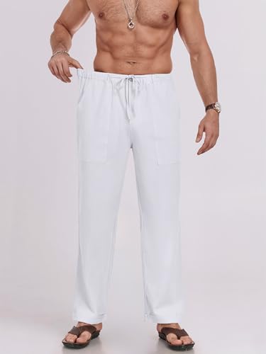 Puimentiua Leinenhose Herren,Lang Leichte Sommerhose,Loose Fit Sommer Leinen Hose,Baumwollehosen mit Tunnelzug und Reißverschluss (Weiß,M)