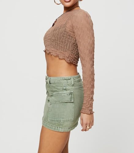 BSLVWG Women Mini Cargo Skirt Y2K Vintage Denim Mini Skirt Low Waist Slim Fit Button Bodycon Jean Skirts with Flap Pockets4
