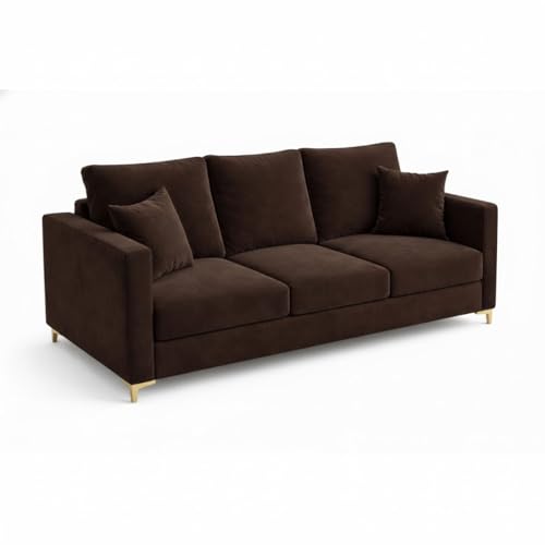 Image of Hayes Rich Velvet Suede 3 Seater Sofa | Golden Aesthetic Legs | Spacious Soft Touch Comfort Seating | Modern Sofa for Living Room (Dark Brown)
