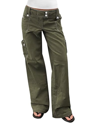 Flamingals Wide Leg Cargo Pants for Women Mid Rise Casual Baggy Straight Leg Pants with Pockets