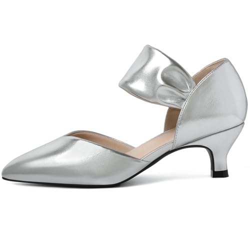 Image of RIBONGZ Kitten Heels for Women Closed Toe Comfortable Low Heels Pointed Toe Sexy Slip on Pumps Bridal Party Dressy Shoes