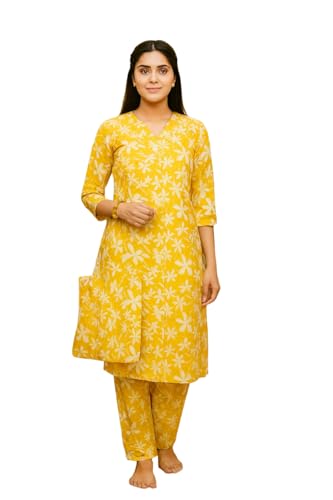 Image of Vlazom Women's 3-Piece Cotton Cord Set with Matching Bag | Floral Printed Co-Ord Set with Kurta Top & Pants | Ethnic Cotton Coord for Women