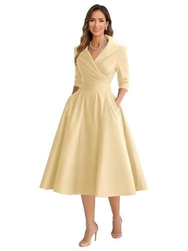 A Line Tea Length Mother of The Bride Dresses for Women Champagne Pleated Satin Elegant Flowy Puffy Wedding Guest Dress with Sleeves Casual Midi Formal Evening Ball Gown with Pockets US0