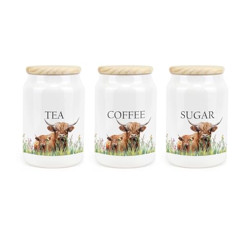 Purely Home Highland Cow Ceramic Tea Coffee Sugar Storage Canisters - Mum & Calf Farmyard Kitchen Food Storage Containers & Wooden Lid 600ml (14.5cm x 9.5cm) - Set of 3