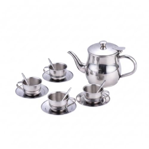 Children Stainless Steel Set, Party Toy With Long Spout Teapot 4 Cups, Pretend Role Kitchen Set For Pouring Practice, Set, Suitable for Home Nursery Classroom Daycare