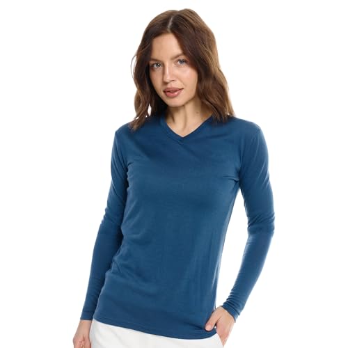 Merino Wool Base Layer Women - 100% Merino Wool Shirt Women Thermal Underwear Long Sleeve T-Shirt for Hiking (Large 190 Denim V-Neck)