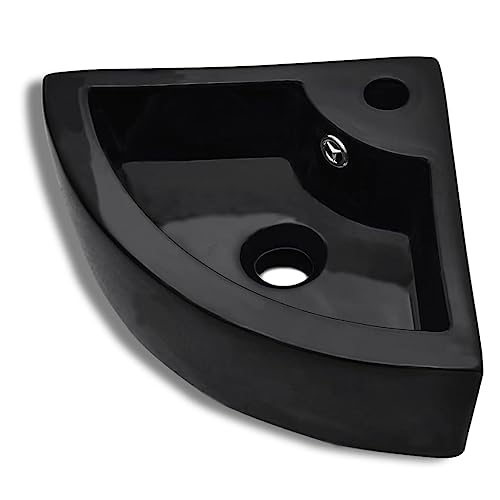 Lavabo d'angle Mural, Lave-mains d'angle Petit Lavabo Suspendu Salle de Bain avec trou de trop-plein 45x32x12,5 cm Noir