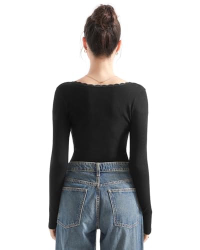 SUUKSESS Women Square Neck Ribbed Long Sleeve Shirts Lace Trim Y2k Crop Top4