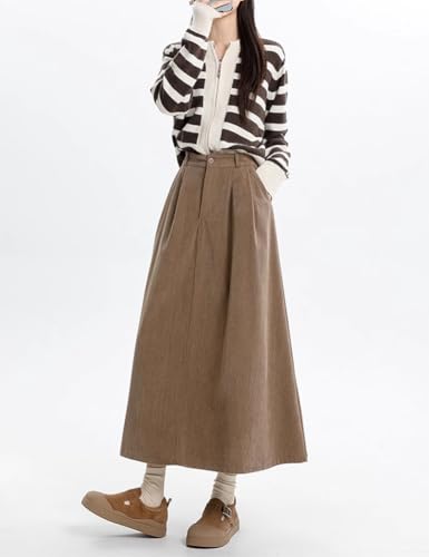 IDEASLANXUN Womens Fall Winter Corduroy Skirt High Elastic Waisted Aline Pleated Long Maxi Skirt2
