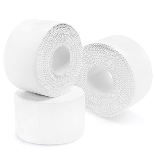 EOPUOZS Cinta Deportiva Adhesiva 3 Rollos, 3.8cm x 10m Vendaje Elástico para Deporte, Material de Algodón Transpirable para Soporte Muscular y Articulaciones, Blanco