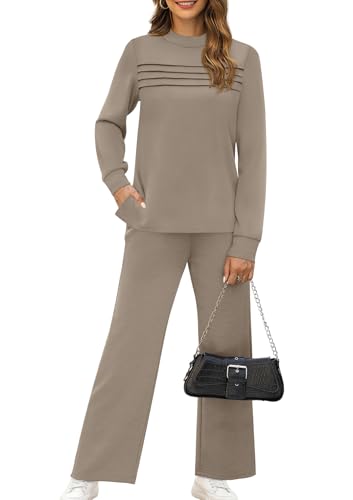 WIHOLL Two Piece Sets for Women Fall Travel Vacation Outfits Long Sleeve Lounge Sets Side Slit Wide Leg Pants S-3XL2