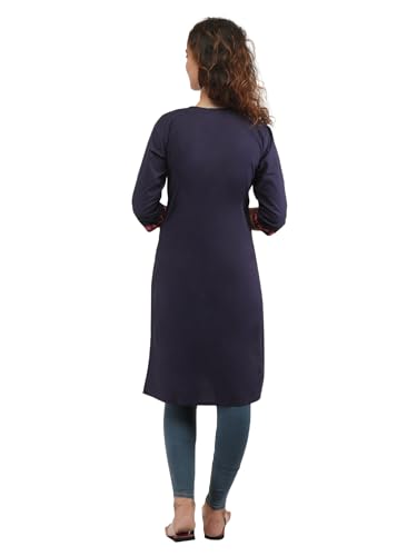 Image of QAZMI Women's Rayon Cotton Straight Keyhole Neck Three-Quarter Sleeves Kashmiri Embroidery Kurti