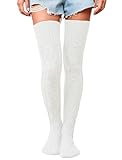 HYTENSUN Extra Long Thigh High Socks for Women, Cable Knit Over the Knee High Socks Leg Warmers, Fall/Winter Thick Lazy Style Boot Sock for Christmas, Parties, Daily Life White