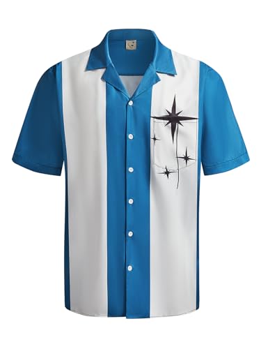 Hardaddy Men's Camp Collar Retro Vintage Bowling Button Down Shirt with Pocket Casual Short Sleeve Beach Shirts Summer Loose Fit Aqua Blue 3XL