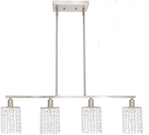 BONLICHT Contemporary Linear Island Dining Room Crystal Chandelier Lighting 4 Light Luxury Brushed Nickel K9 Crystal Raindrop Pendant Light Fixture Modern Farmhouse Candle Ceiling Lamp for Kitchen