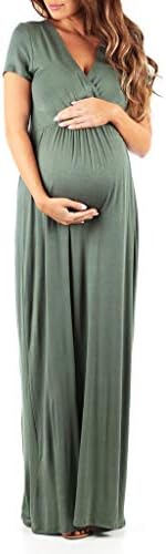 Mother Bee Maternity Short Sleeve Ruched Waist Faux Wrap Maxi Dress