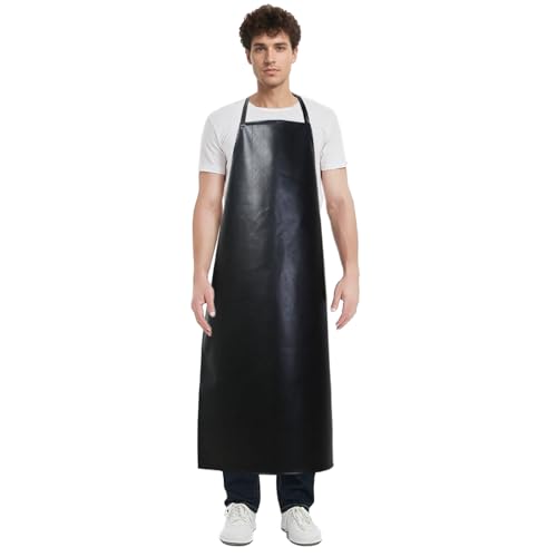 MLTULTUL Heavy Duty Oversized PU Leather Apron, Extra Long Work Apron, Waterproof Aprons for Dishwashing Butcher Fisher Chef BBQ Gardening Pet Grooming, Breathable Back, 115x75cm, Black