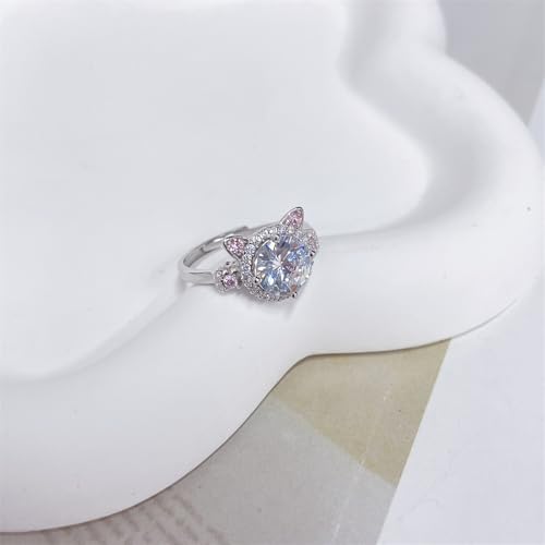 2 Carat Cat Solitaire Round Pink CZ 925 Sterling Silver Adjustable Finger Ring for Women Dainty Sparkly Diamond Animal Statement Band Rings Fashion Jewelry3