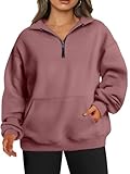 TAKEYAL Womens Quarter Zip Plus Size Sweatshirt Pockets Oversized Drop Shoulder Crewneck 2025 Fall Spring Clothes (Dark Pink, 3XL)