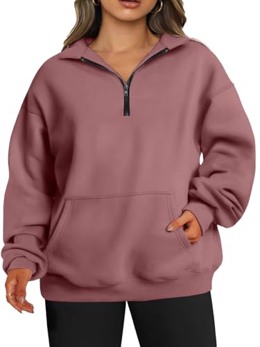 TAKEYAL Womens Quarter Zip Plus Size Sweatshirt Pockets Oversized Drop Shoulder Crewneck 2025 Fall Spring Clothes (Dark Pink 3XL)
