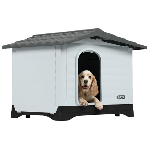 POLI PETS Casa Grande para Mascotas, para Perro Durable Material PP Resistente a la Intemperie de Alta Calidad, Seguro y Confortable, con Puerta Lateral Que amplía el Espacio, Blanco y Gris