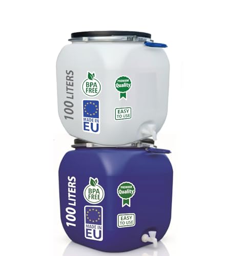 Agrohit Weithalsfass, 100 Liter Fass, Futtertonne, Sauerkrautfass, Regenfass aus Kunststoff, Deckelfass mit Zapfhahn & Bequemen Griffen, Leicht zu Transportieren