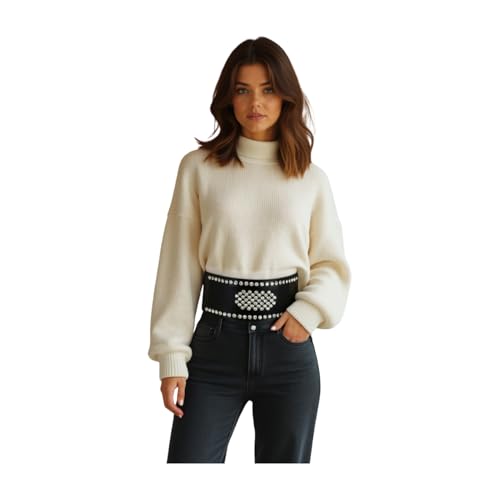 TrendyFashionJewelry Women Black Faux Leather Waistband Hip High Waist Belt Silver Shield Musaic Detail Size M L2