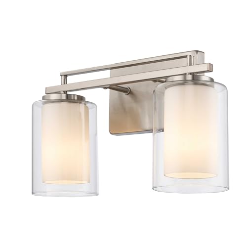 Image of TRANS GLOBE 22482 BN I Lisbon Collection 14 Inch Two-Light Bathroom Vanity - in a Brushed Nickel Finish | Metal Housing I Clear & Frosted Shades I Modern Contemporary Light Fixture |