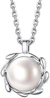 Bestyle Freshwater Pearl Necklaces for Women -White Cultured Pearl Pendant with Silver Flower/Olive Leaf/Shell/CZ Halo Design, Dainty Elegant Pearl Jewelry for Mom Wife Daughter Her