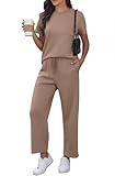 GRECERELLE Zweiteiler Jogginganzug Damen Sommer Trainingsanzug Outfits Tracksuit Kurzarm Lässige Rundhals Brusttasche Tshirts und weite Jogginghosen Trainingsanzüge mit Taschen (Khaki, M)