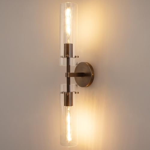 Vookea Brass Bronze 2-Light Knurled Wall Sconce, Dual-Head Vanity Lamp with Clear Glass Tube, Bathroom Wall Sconces, Wall Lights for Living Room Bedroom Hallway Kitchen Bathroom Mirror