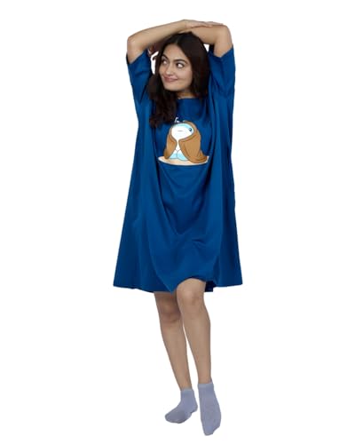 Image of LAMA STORE Women's Printed Oversized T-Shirt Dress, Cotton, 3 /4 Sleeve Length, Casual Loose Fit, Comfort Wear Extra Comfy Oversized Printed Pocket T-Shirt Dress