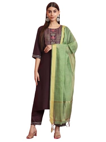 Image of VredeVogel Women's Silk Blend Embroidered Kurta with Pant & Viscose Print Dupatta Set