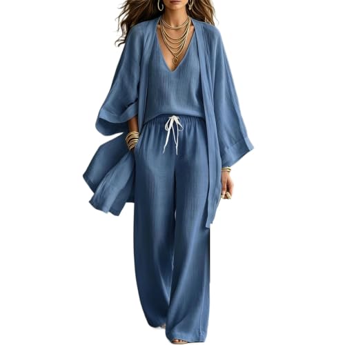 3 Piece Outfits for Women Linen Look Tank Pants Set with Kimono
