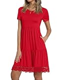 TAOHUADAO Women's 2025 Summer Casual Tshirt Dresses Short Sleeve Swing Lace Hem Dress with Pockets Large, Red