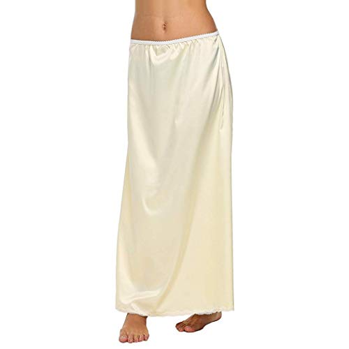 Gfones Women Lingerie Slips Satin Snip-it Half Slip Underskirt Dress Casual Lace Trim Ankle Length Long Skirt Beige