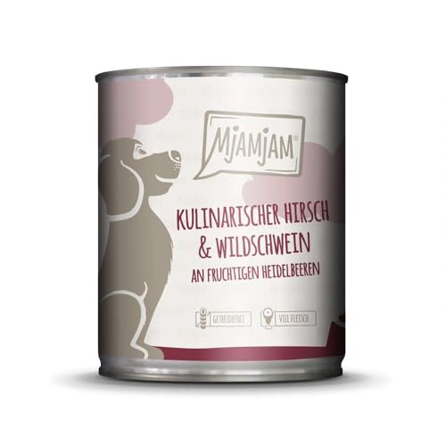MjAMjAM - Premium Nassfutter für Hunde - kulinarischer Hirsch & Wildschwein an Preiselbeeren, 6er Pack (6 x 800 g), getreidefrei mit extra viel Fleisch