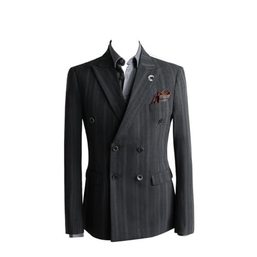 Mens Dark Grey Double-Breasted Stripes Blazer Vintage Luxury Business Leisure Outfit Groom Tuxedo Wedding Prom Suits