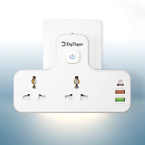 Zigtiger USB Steckdose, Dimmbar 5 in 1 Steckdosenadapter USB Mehrfachstecker mit 1 Typ-C Port und 2 USB Anschluss, Steckdose für Phone & Laptop Cover