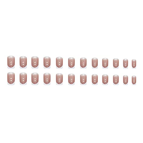 French Tip Press On Nails Short Square Fake Nails Glossy White Nail Tips Summer Nail Art Accessories Full Cover False Nails With Glitter Designs Reusable Glue On Nails For Women Girls 24Pcs #TOP4