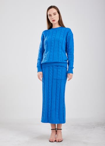 Image of chouyatou Women Winter Casual Chunky Cable Knit Long Pencil Skirt 2 Piece Outfit Oversized Pullover Sweater Sets