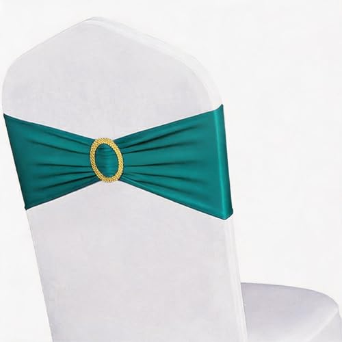 Pack of 50 Spandex Teal Chair Sashes with Gold Buckles, Stretch Chairs Sashes for Wedding Party Baby Shower Ceremony Event Decorations Chair Bands Bows (Teal Sashes, Gold Buckles)