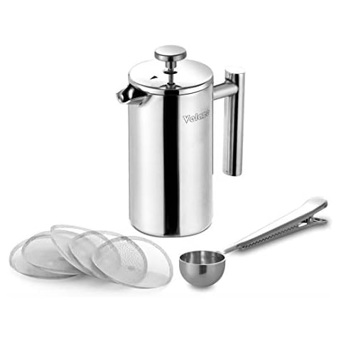Velaze French Press Coffee Maker, Stainless Steel Double Wall Insulated French Press Coffee Press, Small Coffee Maker Included 4 Extra Fliters and 1 Coffee Spoon, 350ML, 12 oz Cover