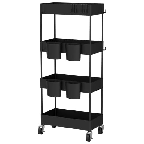 CAXXA 4-Tier Rolling Storage Organizer with 4 Small Baskets - Mobile Utility Cart with Caster Wheels, BLACK Cover