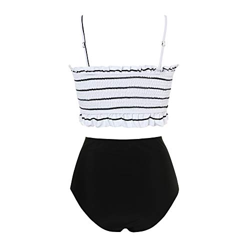 MOOSLOVER Women's Shirred Bandeau Bikini Top High Waisted Bottom 2 Piece Swimsuits Bikini Set(S,Black-White)