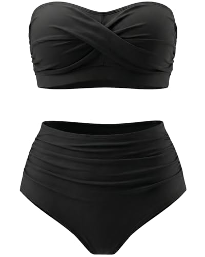 Yonique Women Plus Size Two Piece Swimsuits High Waisted Bathing Suits Bandeau Bikini Tummy Control Swimwear Black 14 Plus