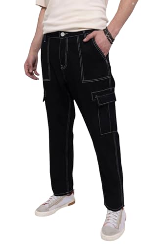 Image of Men's Straight Fit Denim Cargo Pants - Casual Multi-Pocket Work Jeans