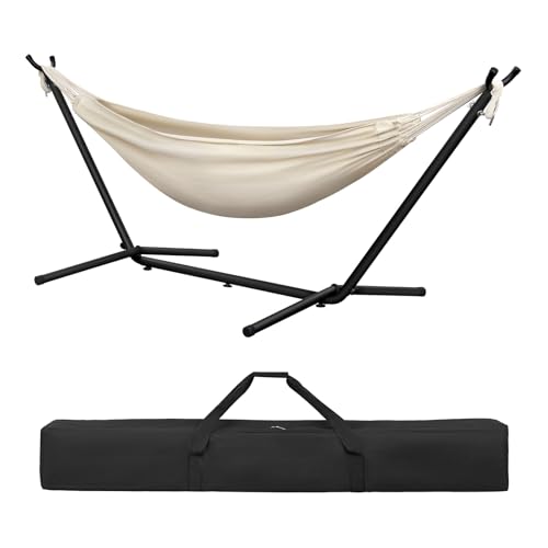Laneetal Hamaca Jardín Tumbonas, Hamaca para 2 Personas con Soporte Metálico, Capacidad 250 kg, con Bolsa de Transporte, para Terraza, Jardín y Piscina, 280x106x100 cm (Beige, 280x106x100 cm)