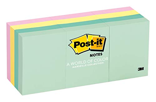 Post-it Mini Notes, 1.5 in x 2 in, 12 Pads, America's #1 Favorite Sticky Notes, Marseille Collection, Pastel Colors (Pink, Mint, Yellow), Recyclable (653-AST)